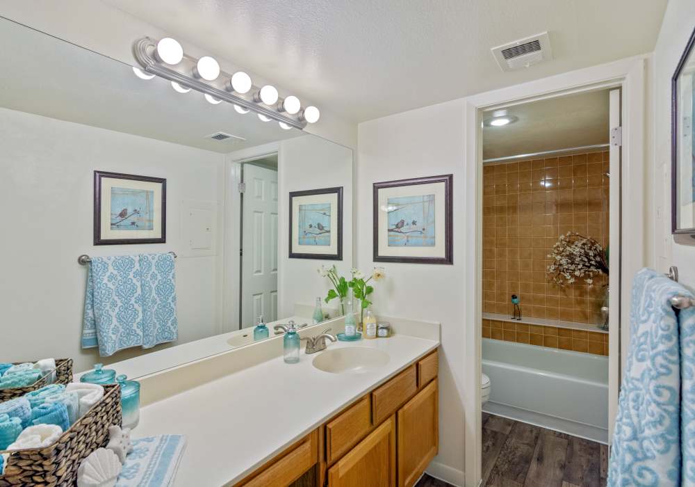 Bright bathroom with large mirror and endant lights at Waterford Place Apartments in Mesa, Arizona, 