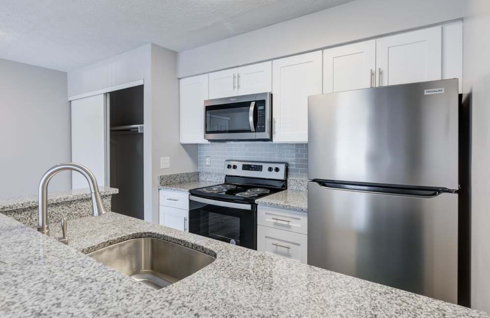 renovated kitchen with stainless steel appliances and granite countertops