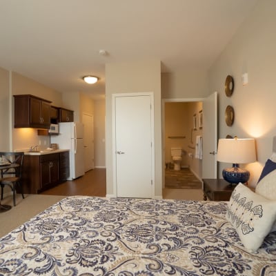 Memory care bedroom suite at The Sanctuary at St. Cloud in St Cloud, Minnesota