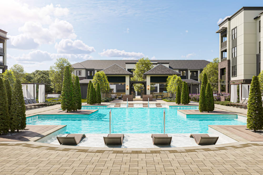 Sparkling swimming pool at Westport Lofts | Apartments & Townhomes in Belville, North Carolina