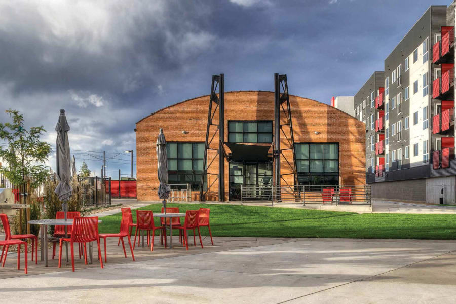 Clubhouse exterior at Oxford Station Apartments in Englewood