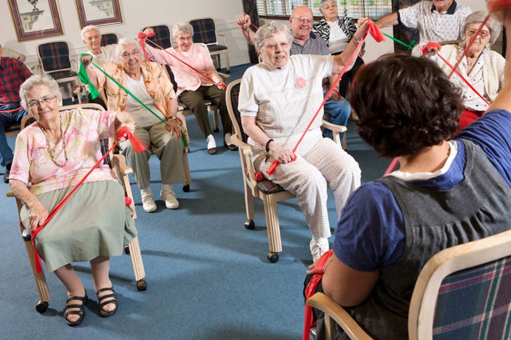 Group of seniors at a fitness class at Keystone Villa at Fleetwood