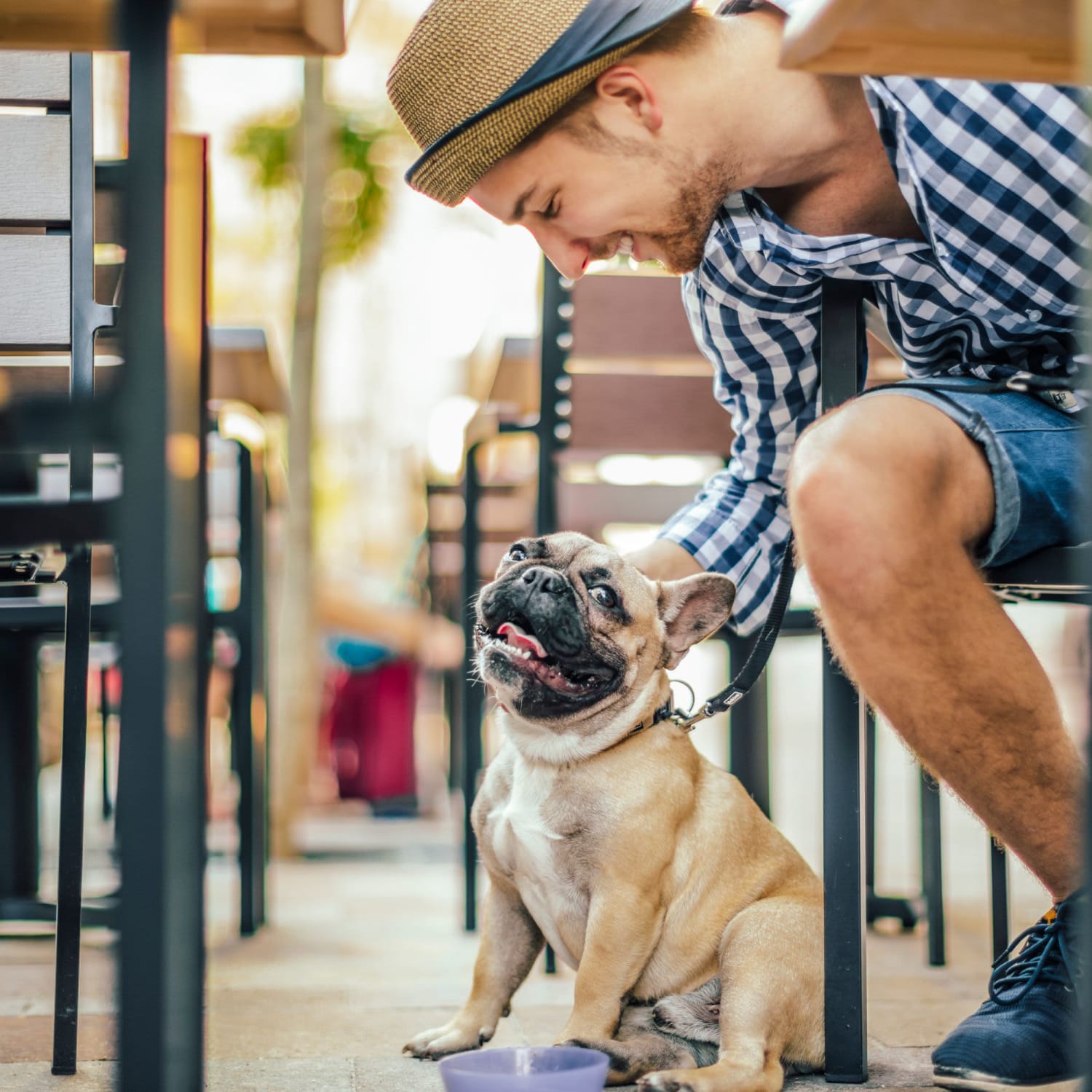 Resident enjoying a meal with his pup at a restaurant with outdoor seating near Parc at 1695 in Norcross, Georgia