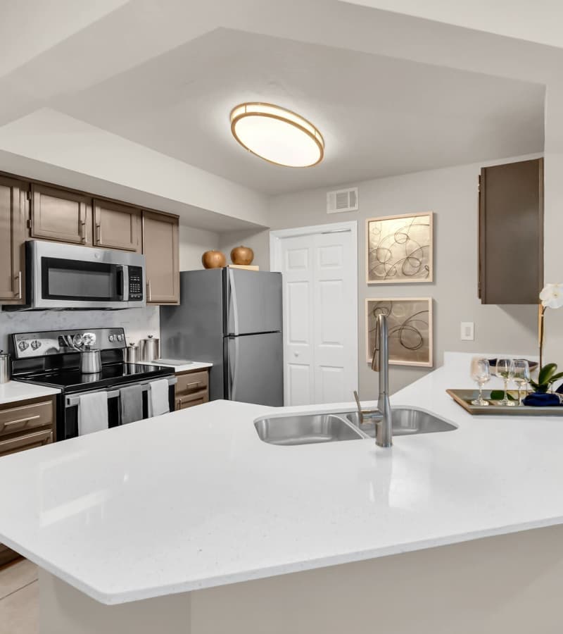 Kitchen with quartz countertops at The Summit At Metrowest in Orlando, Florida