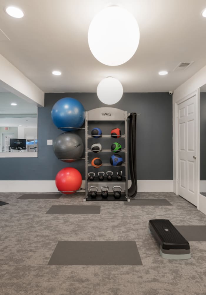Fitness equipment in the gym at Chace Lake Villas in Birmingham, Alabama