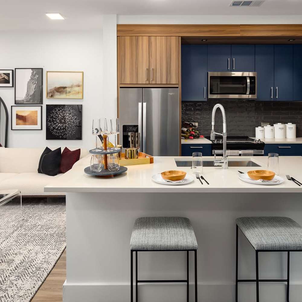 Apartments kitchen and living room at Novel Midtown in Atlanta, Georgia
