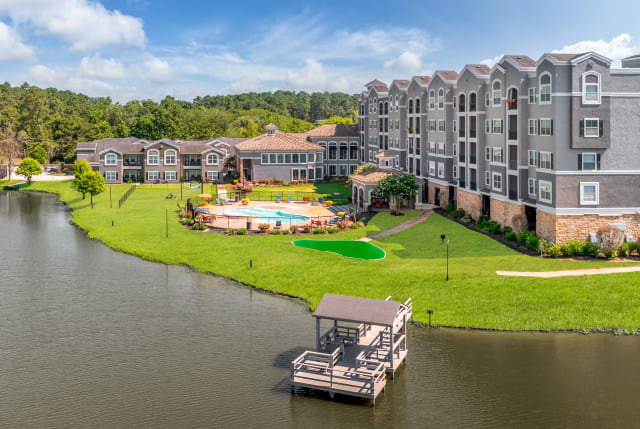 Aerial photo of our beautiful community at The Abbey on Lake Wyndemere in The Woodlands, Texas