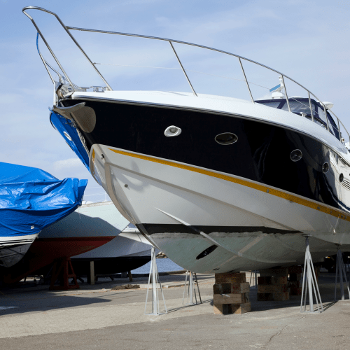 Boats parked at A-American Self Storage in Hemet, California