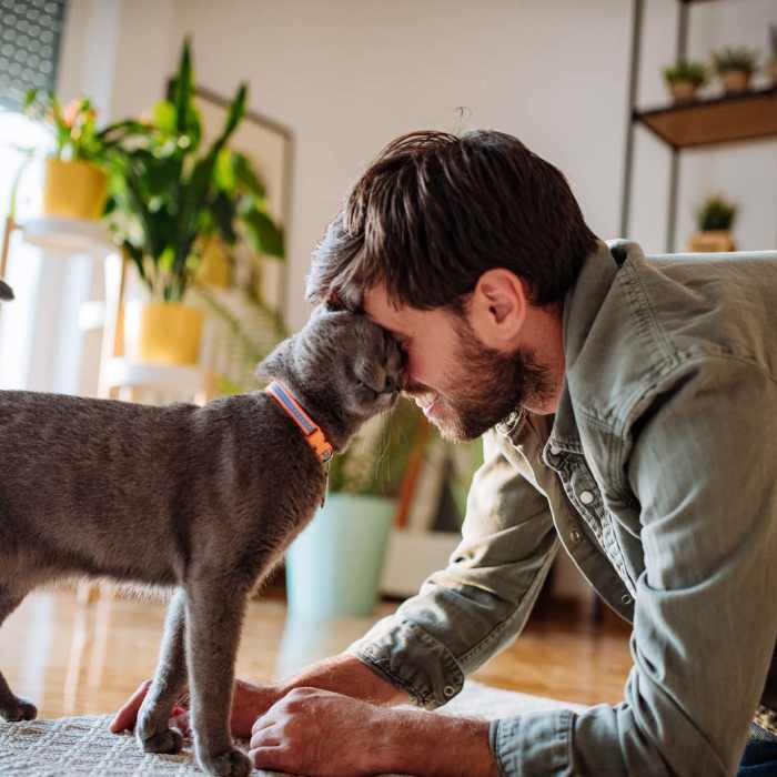 Resident with his pet cat at Winchester Run in Oklahoma City, Oklahoma