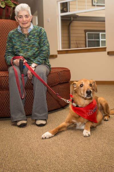 Female resident sitting with her dog at Quail Park at Browns Point in Tacoma, Washington