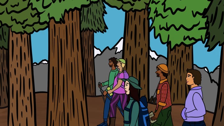 a cartoon image of a group of people hiking through the woods