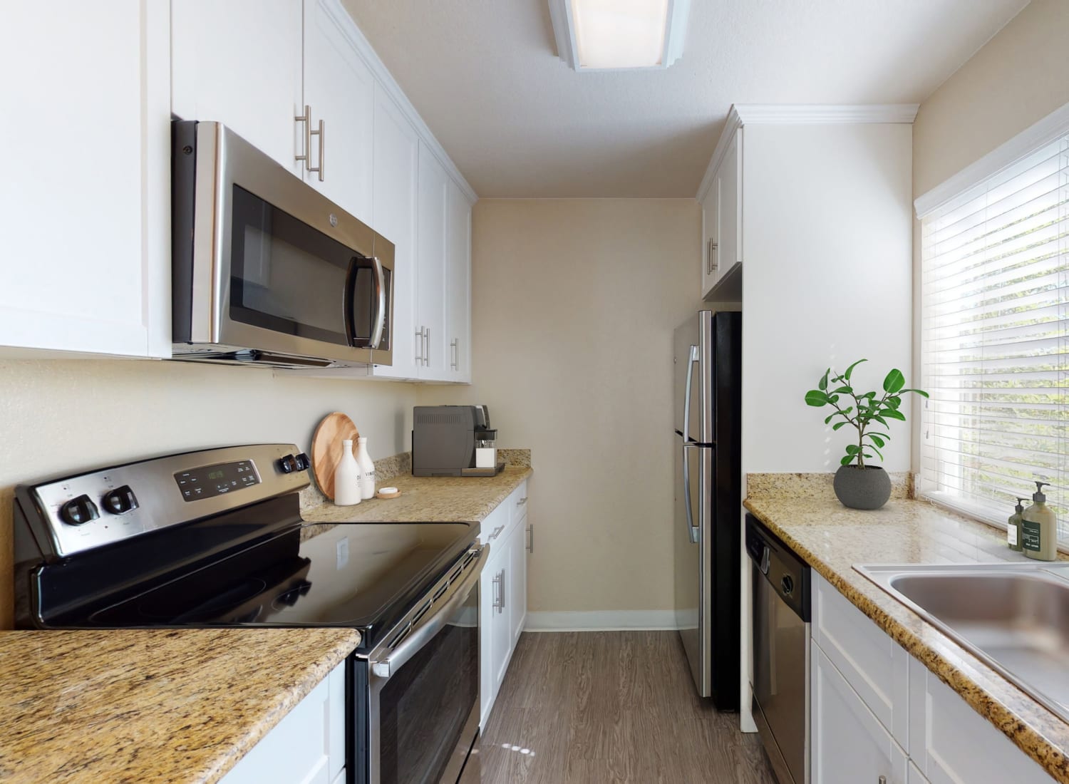 Kitchen in a model apartment at Valley Plaza Villages in Pleasanton, California