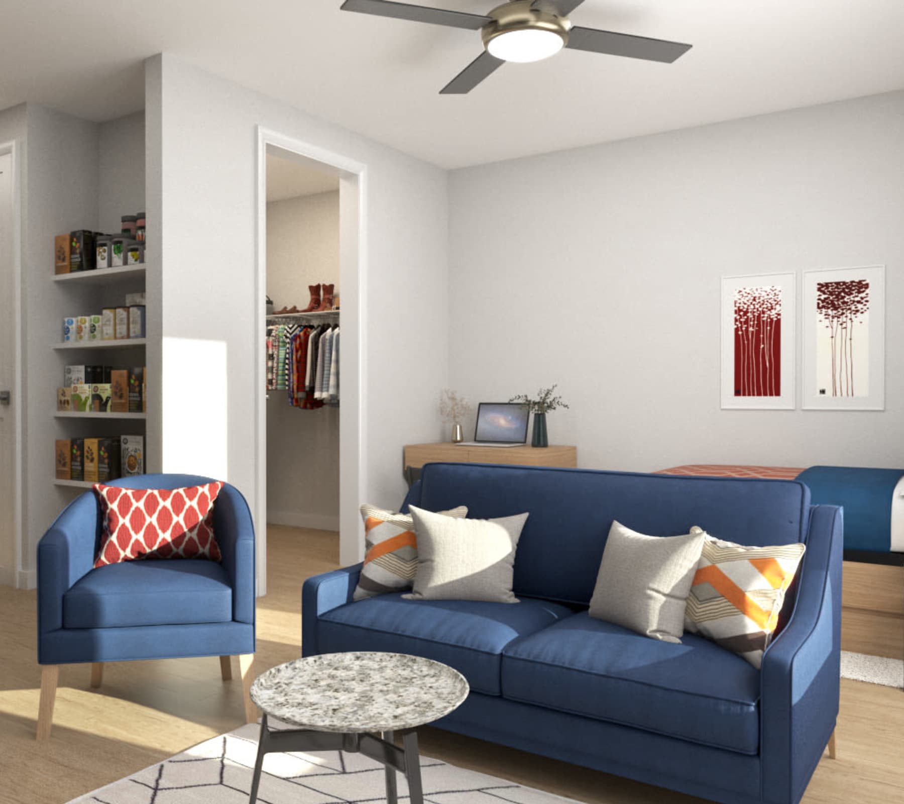 Modern living room with ceiling fan at Global Ruston in Ruston, Louisiana 
