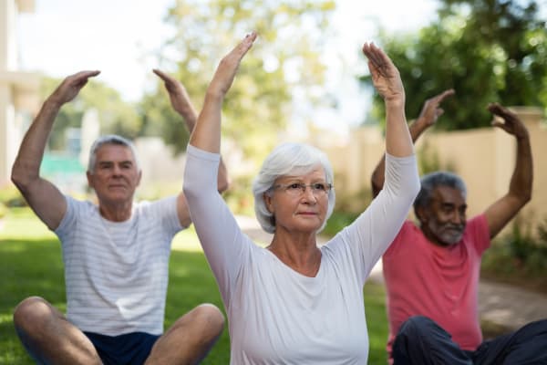 assisted living senior residents doing yoga activities program