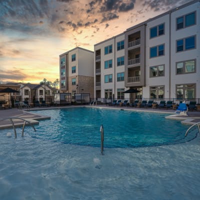Gorgeous swimming pool at sunset at The Reserve at Patterson Place in Durham, North Carolina