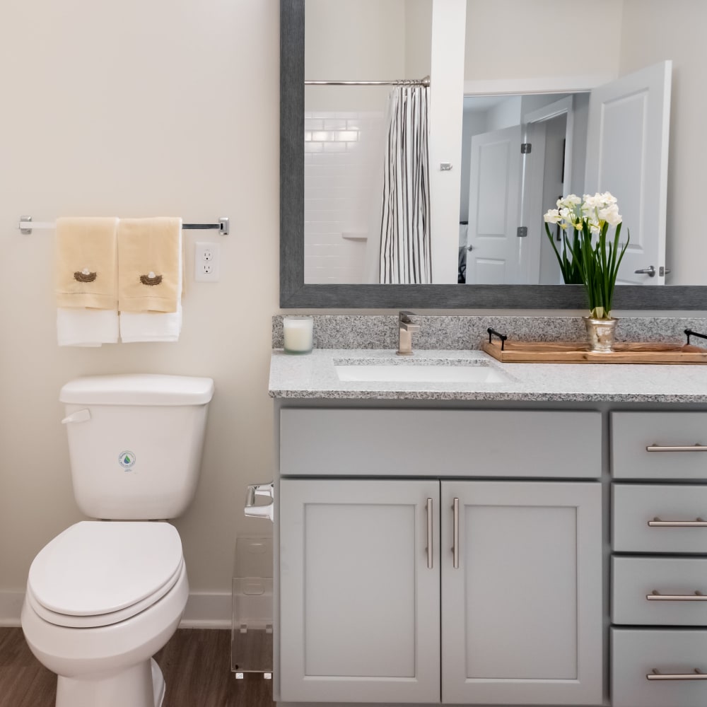 Wood flooring and a large bathtub in an apartment bathroom at Retreat at Fairhope Village in Fairhope, Alabama