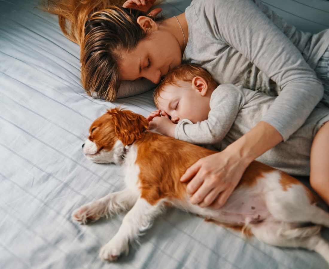 Woman snuggled up with her child and pet in the comfy bedroom at Prosper 83 in Sparks, Nevada