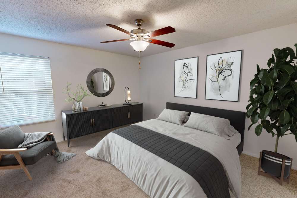 Cozy bedroom with ceiling fan