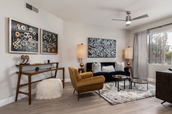 Spacious living area in a very nicely decorated model home at Elite North Scottsdale in Scottsdale, Arizona