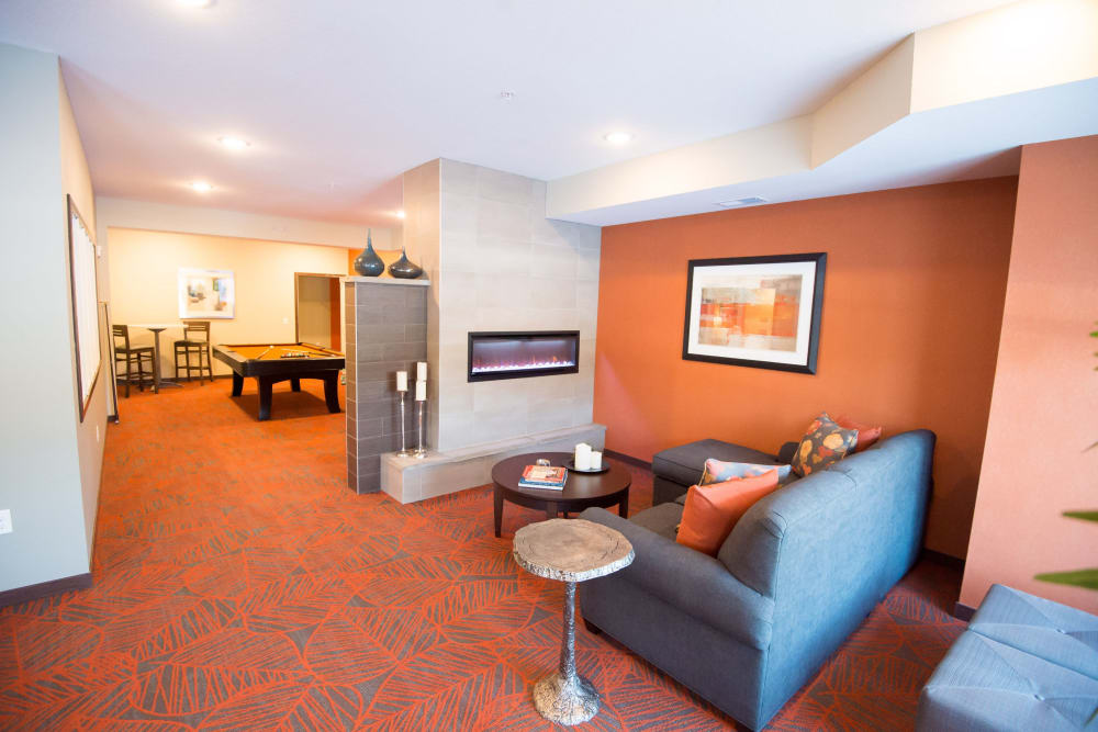 A spacious clubhouse with a billiards room at Crossroads at Elm Creek in Maple Grove, Minnesota