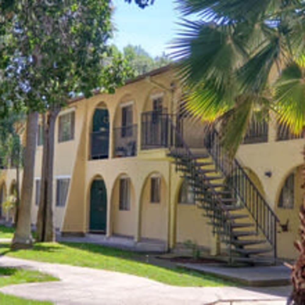 Exterior view of resident building with lush palm trees at our Sonoma Mission community at Mission Rock at Sonoma in Sonoma, California