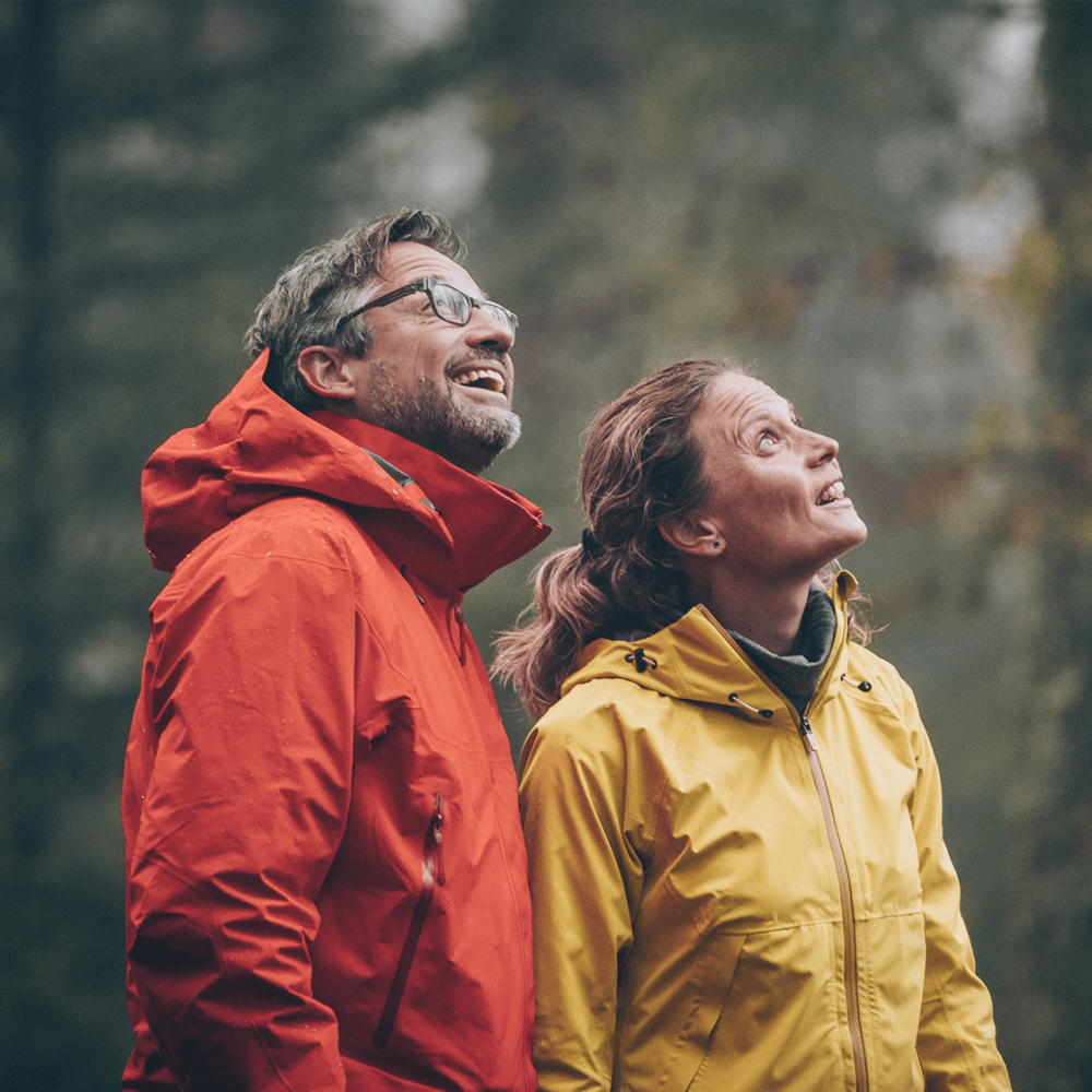 Couple looking up at the giant redwood trees in a forest close to Mission Rock at Marin in San Rafael, California