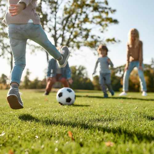 Residents playing soccer near Copper Stone in Lafayette, Colorado