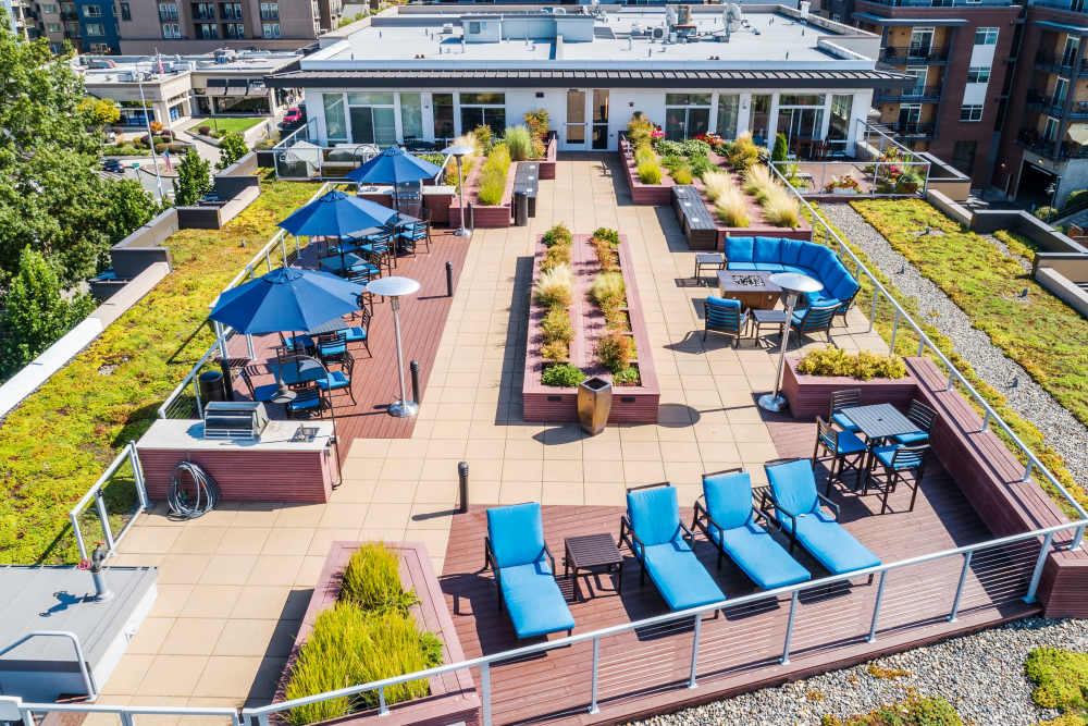 Outdoor rooftop lounge at The 101 in Kirkland, Washington