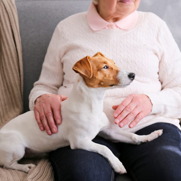 A resident and her dog at Tampa Gardens Senior Living in Tampa, Florida.
