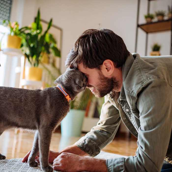 Resident with his cat in a living room at Maple Oaks in Middletown, Ohio