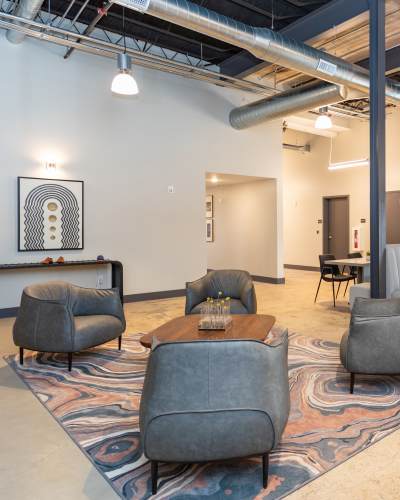 Lobby seating at Mojud Lofts in Greensboro, North Carolina