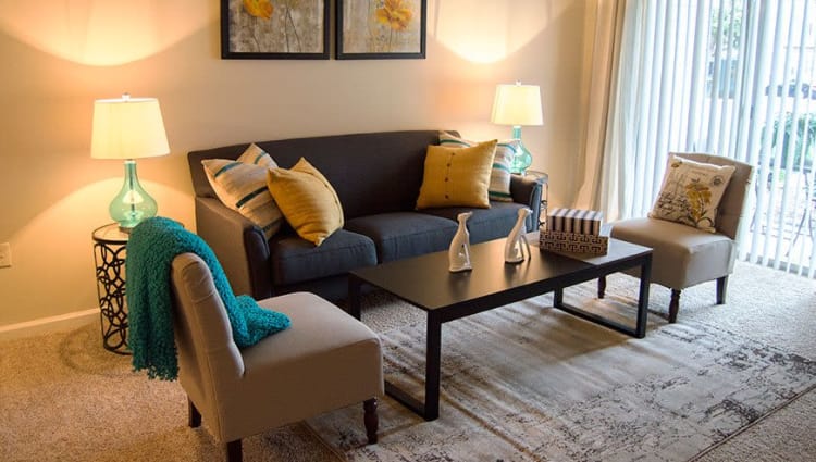 Well-decorated model living room at The Residences of Westover Hills in Richmond, Virginia