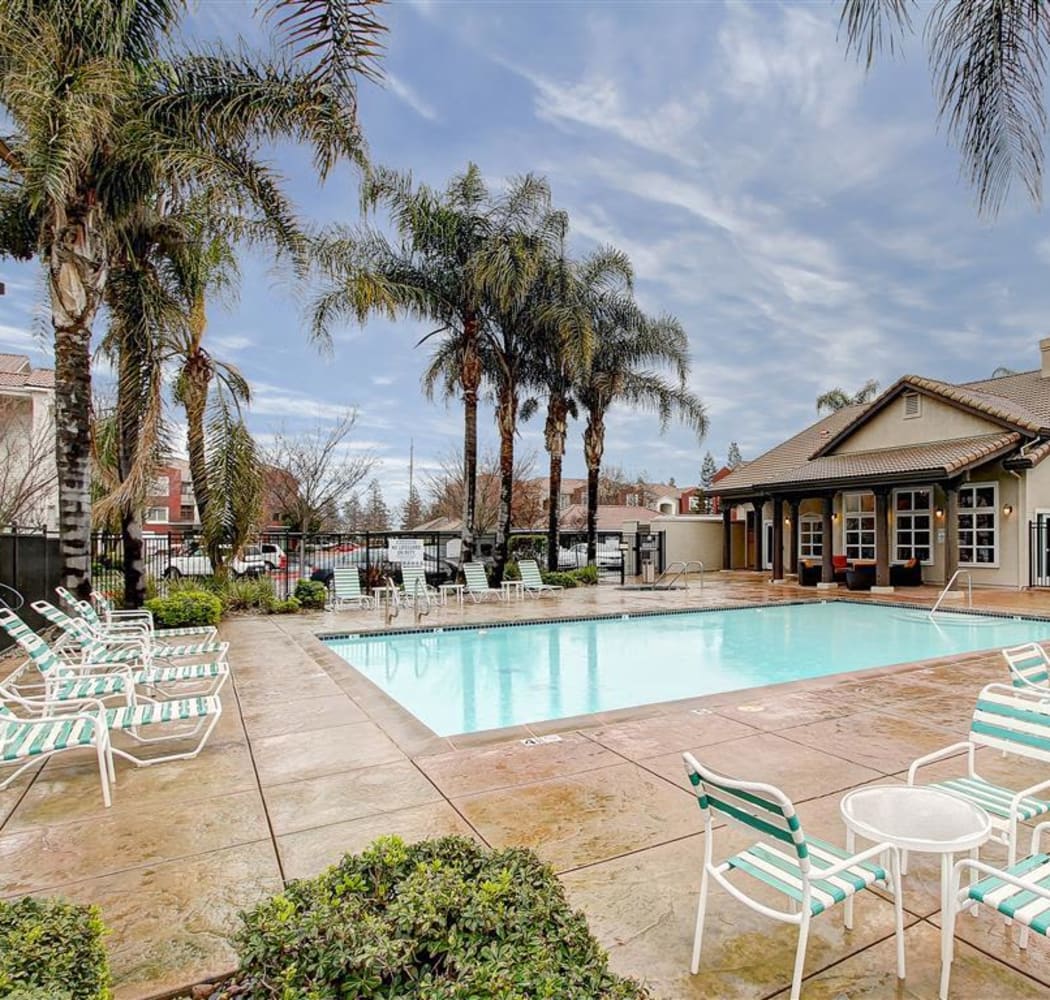 Pool area at Eaglewood Apartments in Woodland, California