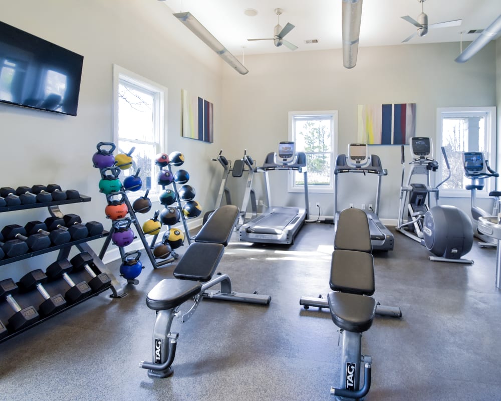 Well equipped fitness center at Stonebridge Crossing Apartment Homes in Cordova, Tennessee