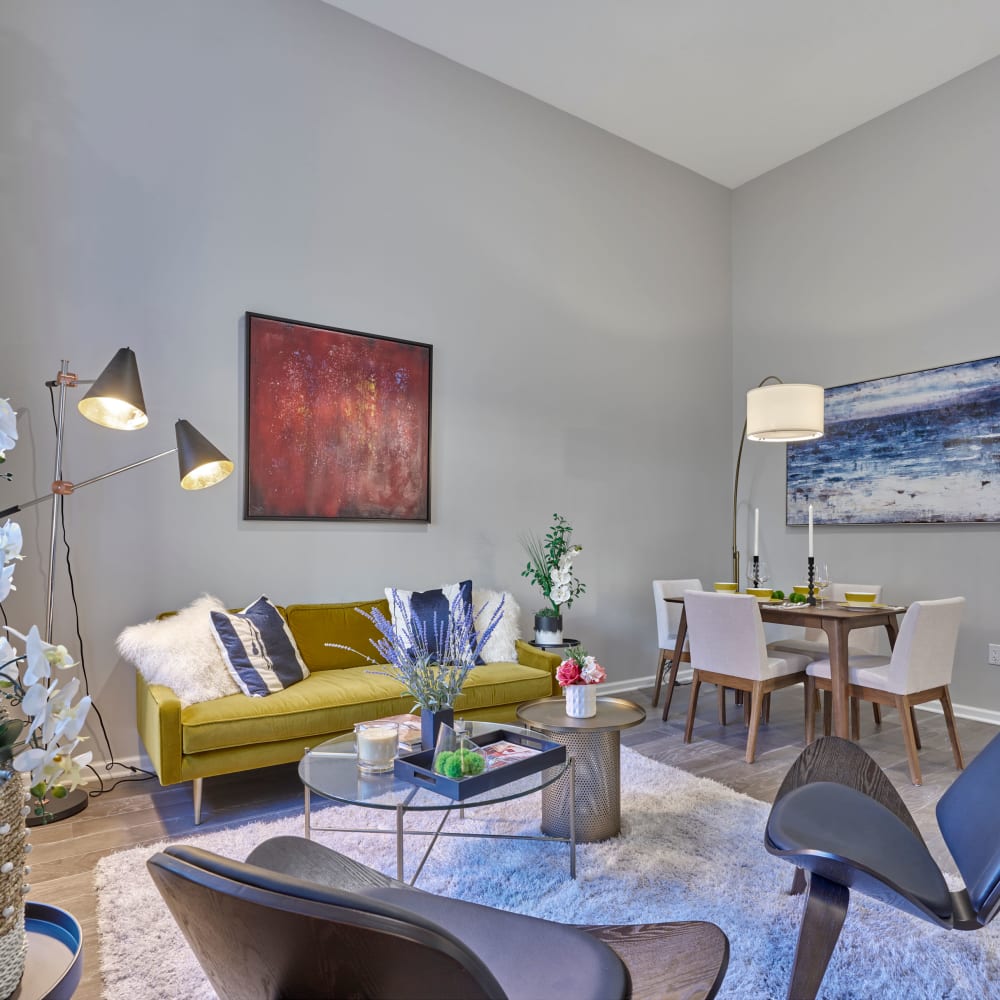 Well-decorated living area with hardwood flooring in an apartment home at 210 Main in Hackensack, New Jersey