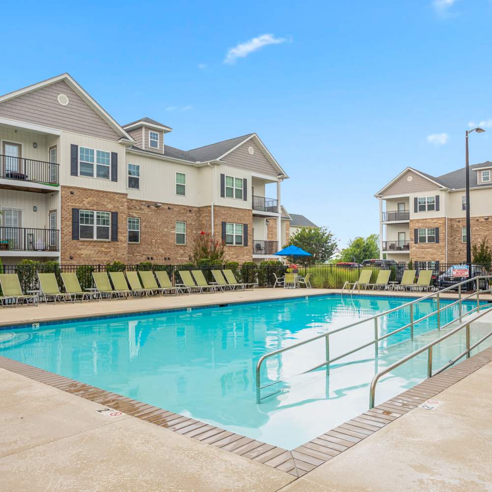 Aerial view of the community saltwater swimming pool at Retreat at the Park in Burlington, North Carolina