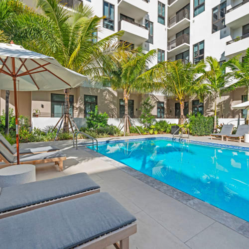 Lounge chairs by the pool at The Vibe Miami Apartments in Miami, Florida
