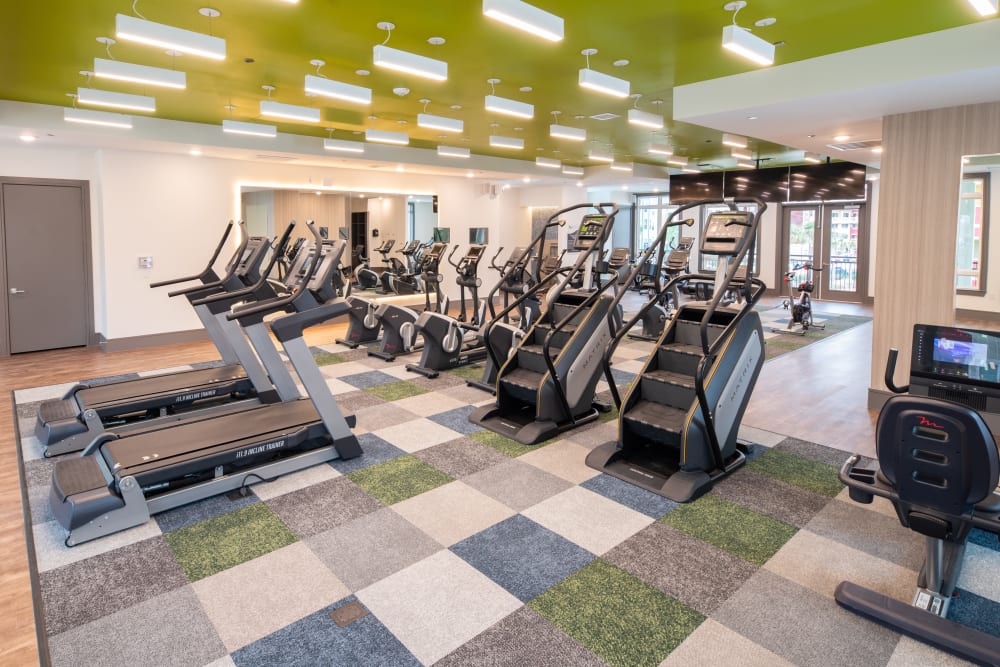 Exercise equipment in the fitness center at Hebron 121 Station in Lewisville, Texas