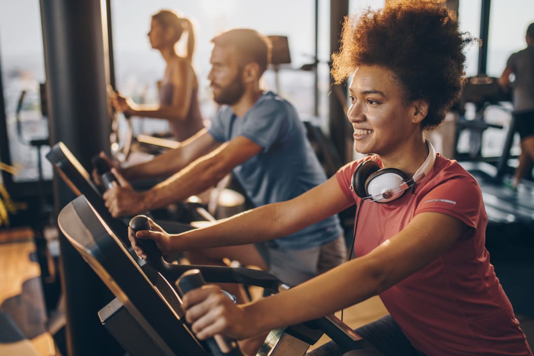 Residents using Mission Point Apartments' fitness center in Moore, Oklahoma