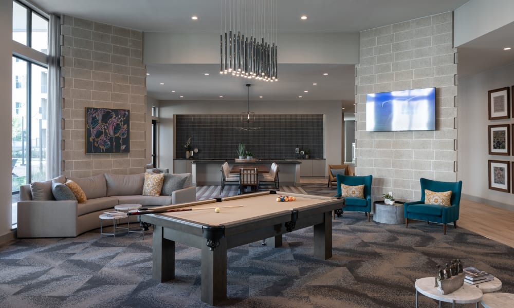 Resident clubhouse with pool table at Bellrock La Frontera in Austin, Texas
