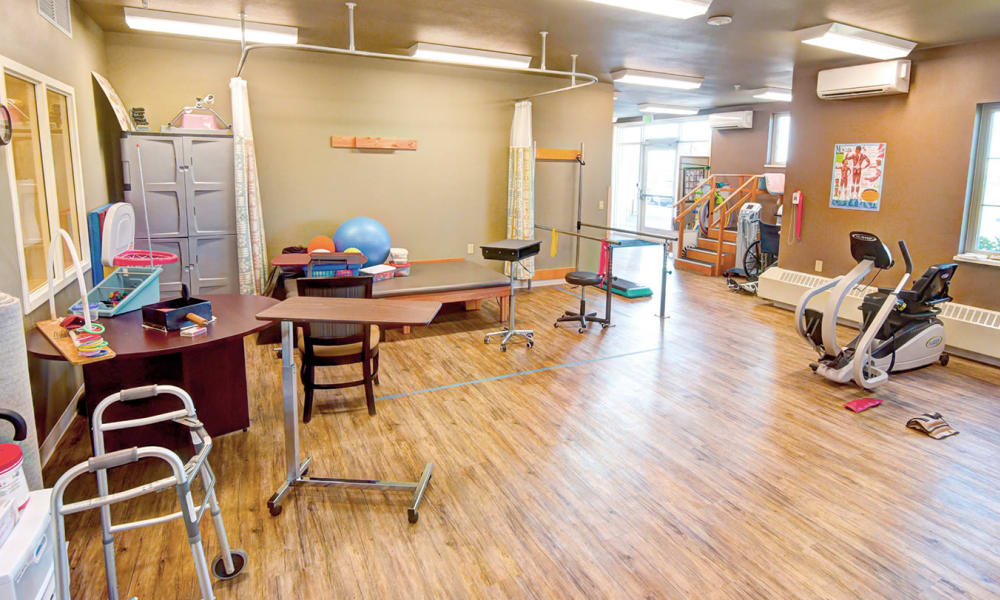Holton's rehab therapy gym is spacious with updated equipment.