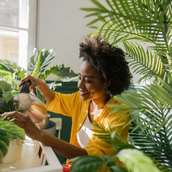 Resident taking care of her indoor plants at Elevations One, Woodbridge, Virginia