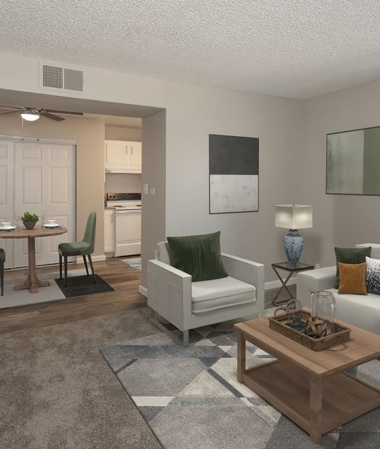 Living and dining room area at California Center Apartments in Sacramento, California