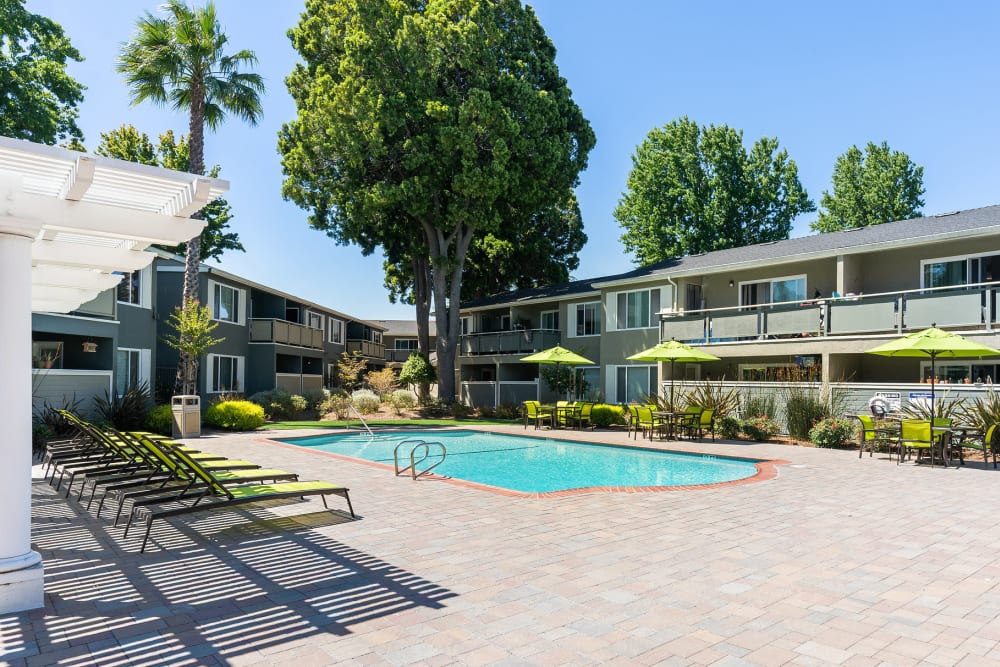 Gorgeous resort-style swimming pool at Pinebrook Apartment Homes in Fremont, California