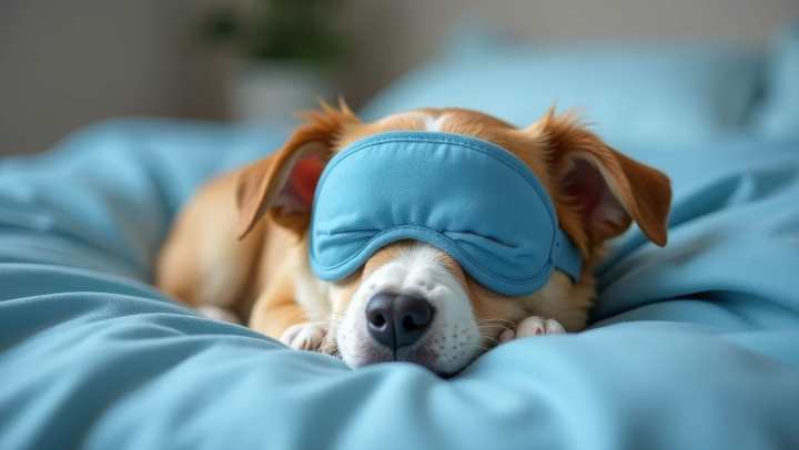 cute dog sleeping on a bed with a sleep mask over the eyes