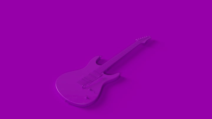 Purple electric guitar on purple background.