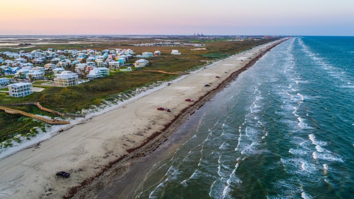 Aerial view of Padre Island on a colorful evening