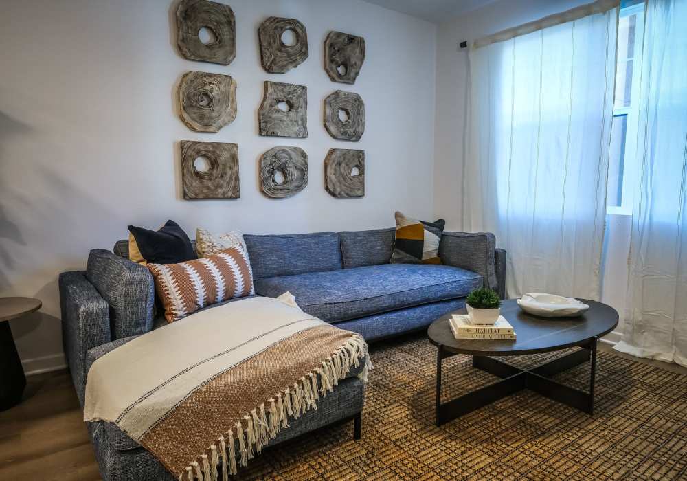 Furnished living room at The Courtyards Pacific Village in San Diego, California