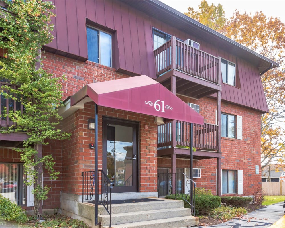 Exterior entrance to a resident building at Eagle Rock Apartments at Manchester in Manchester, New Hampshire