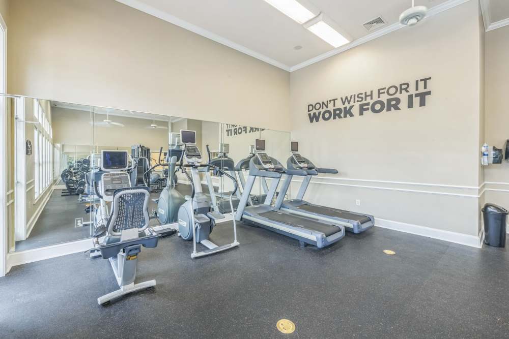 A spacious fitness center at Meridian Watermark in North Chesterfield, Virginia